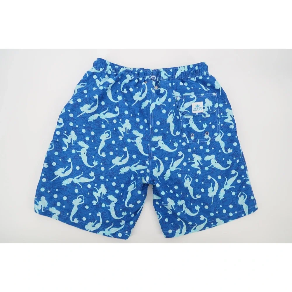 Peter‎ Millar Mens Small Blue Mermaids Drawstring Lined Swim Trunks Shorts